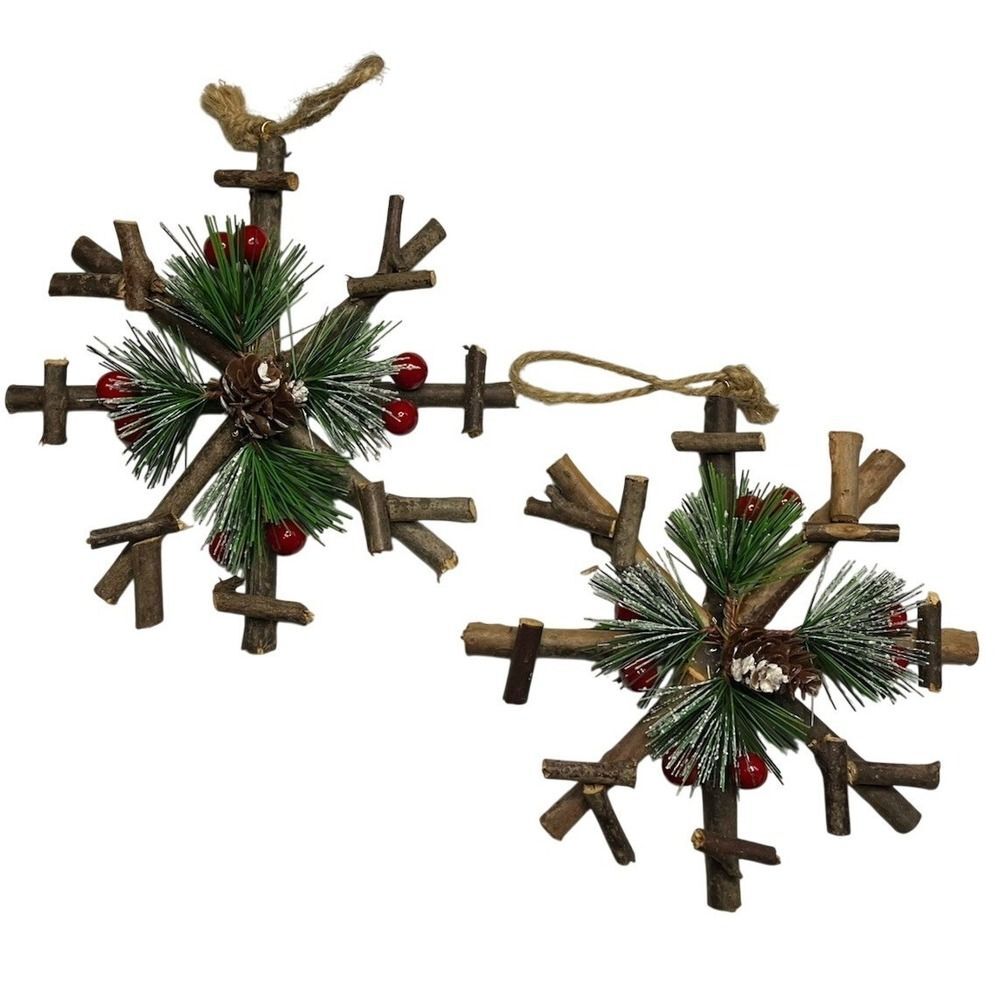 Set of 2 Rustic Twig Snowflake Ornaments Pinecone Berry Christmas Decor 6.5"
